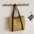 Casual canvas tote bag with brown straps, large capacity daily shoulder bag for women commuting. - Khaki with Lining