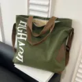 Large capacity canvas tote bag, casual crossbody shoulder bag with stylish print and brown straps. - Green