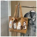 Korean style canvas tote bag, large capacity shoulder bag with cute cat print and dog plush. - Brown