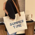 Canvas Tote Bag Summer Time Embroidered Letter Shoulder Bag Casual Commuter Daily Handbag - Off White