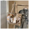 Korean style large capacity canvas tote bag casual shoulder bag with cute cartoon cat print - Gray