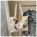 Korean style canvas tote bag for women, large capacity casual shoulder bag with cute cat print. - Off White
