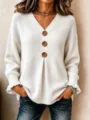 Women's V-neck button knit sweater with long ruffle sleeves, casual solid color top. - S / Tops / White