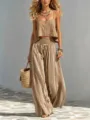 Bohemian summer two-piece outfit featuring a khaki zip camisole and striped wide-leg pants. - S / Top And Bottom / Camel