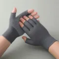 Grey fingerless compression gloves with white anti-slip dots for arthritis and typing support. - Five-Fingerless Dispensing Style / 6 Pairs/Pack / Gray