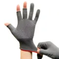 Grey half-finger safety gloves with white dotted grip and red wrist cuff for driving work. - Three-Fingerless Dispensing Style / 6 Pairs/Pack / Gray