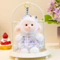 Cute white plush lamb toy wearing purple cherry dress and lace headdress for kids. - Cherry Purple Little Lamb