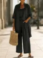 Dettaglio completo tre pezzi casual estivo, top monocolore, cardigan e pantaloni ampi. - Taglia S / Top E Pantaloni / Nero