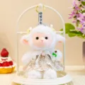 Cute white plush sheep doll plushie pendant wearing a floral dress, detailed closeup shot. - Floral Beige Little Lamb