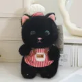 Joli chat noir en peluche avec toque de chef et tablier rayé poupée douce pour enfant - Chat Devon Rex