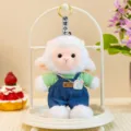 Cute little sheep plush toy pendant wearing green sweater and blue denim overalls with camera. - Green Overalls Little Lamb