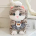Cute grey tabby cat plush toy with chef hat and striped apron, soft stuffed kitten doll accessory. - Tabby Cat
