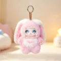 Cute pink fluffy rabbit doll keychain, soft plush bunny bag charm with vinyl face pendant. - Pink Bowknot