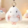 Cute fluffy white plush rabbit keychain soft pompom animal bag charm pendant toy - White