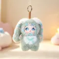 Fluffy rabbit plush doll keychain, cute green furry bag pendant with bow and blue eyes. - Green Bow