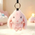Cute fluffy pink floppy-eared bunny plush keychain bag charm soft stuffed animal toy accessory! - Pink