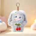 Grey curly plush rabbit doll bag charm, cute vinyl face cartoon toy pendant for girls - Blue Cherry