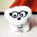 Cute white plush puppy keychain with black round glasses and silver bell charm for bags. - White / 13cm