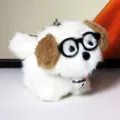 Cute plush puppy keychain with black glasses and silver bell, soft toy bag charm gift. - Brown & White / 13cm