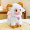 Cute plush sheep toy, fluffy stuffed ram doll with golden horns and pink bell collar gift. - Standing White
