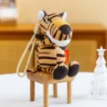 Cute angry tiger plush keychain toy, soft stuffed animal bag pendant with miniature wooden chair. - Yellow Tiger Eye