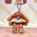 Cute brown plush dog keychain, chocolate series plush toy with hat and overalls for girls. - Warm Chocolate Dressed Plush Pendant / Dog
