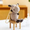 Cute grey angry rhinoceros plush toy keychain with hanging rope for bag accessory charm. - Rhino