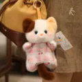 Cute plush cat doll keychain with pink plaid cherry dress, soft stuffed animal bag pendant. - Cat