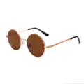 Close-up detail view of gold metal round frame children sunglasses featuring brown lenses. - Tea