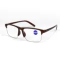 Nahaufnahme einer braunen Halbrand-Blaulichtfilter-Lesebrille mit Stärke-Aufkleber. - 1.00 Dioptrien / Tee Rahmen