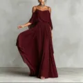 Elegante zomer mode onregelmatige chiffon schoudervrije spaghetti bandjes maxi lange jurk - S / Dresses / Bordeauxrood