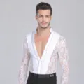 Heren lange mouw kant V-hals Latijnse dansshirt met strass voor professionele show - M / Tops / Wit Volwassene