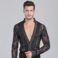 Heren Latijns Dansshirt V-Hals Lange Mouw Zwarte Kant Strass Performance Dans Top - S / Tops / Zwart Volwassene