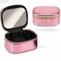 Pink metallic cosmetic pouch with inner mirror and double zippers, compact travel makeup case. - Standard Mirror / Rose Gold