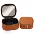 Brown PU Leather Travel Cosmetic Bag with Built-in Mirror Portable Makeup Pouch Storage SKU - Standard Mirror / Brown