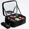 Black portable makeup case with LED lighted mirror, large capacity professional cosmetic storage box. - LED Tri-Color Mirror/EVA Frame/Brush Board / Black (Shoulder/Luggage Sleeve)