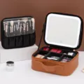 Portable leather makeup bag with LED lighted mirror and adjustable dividers for travel storage. - Advanced Rechargeable Mirror Style / Coffee