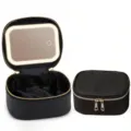Portable black makeup bag with lighted LED mirror, travel cosmetic case with double zippers. - LED Makeup Mirror / Black