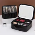 Leather makeup bag with LED mirror, portable cosmetic storage box for travel and daily care. - Advanced Rechargeable Mirror Style / Black