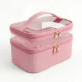Roze dubbellaagse cosmetische tas transparante make-up organizer met handvat en gouden ritsen - Roze