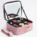 Pink LED makeup train case with lighted mirror, large capacity cosmetic organizer box with dividers. - LED Tri-Color Mirror/EVA Frame/Brush Board / Pink (Shoulder/Luggage Sleeve)