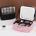 Portable makeup storage case with LED lighted mirror, pink PU leather travel cosmetic organizer box. - Advanced Rechargeable Mirror Style / Pink