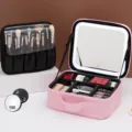 Draagbare make-up koffer met LED-verlichting, spiegel en penseltas, roze cosmetica-organizer. - LED Spiegel Model + 10X Vergrootglas / Roze