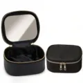 Portable black PU leather cosmetic bag with mirror, mini travel makeup organizer pouch. - Standard Mirror / Black