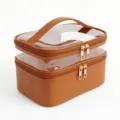 Dubbellaags doorzichtige make-up tas bruine cosmetische organizer met handvat en gouden ritsen - Bruin