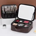 Portable leather cosmetic storage bag with LED lighted mirror, travel makeup case organizer. - Advanced Rechargeable Mirror Style / Caramel color