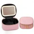 Pink PU leather travel cosmetic bag with built-in LED lighted mirror, portable makeup case. - LED Makeup Mirror / Pink