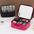 Portable leather makeup case with LED mirror and adjustable dividers for travel storage. - Advanced Rechargeable Mirror Style / Rose Red