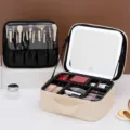 PU leather makeup train case with LED lighted mirror, professional travel cosmetic organizer bag. - Advanced Rechargeable Mirror Style / Off White