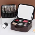 Travel makeup bag with LED lighted mirror, rechargeable cosmetic case with adjustable dividers. - LED Mirror Model + 10X Magnifying Glass / Caramel color